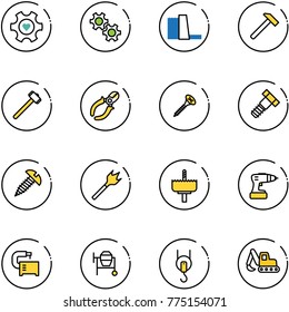 line vector icon set - heart gear vector, water power plant, hammer, sledgehammer, side cutters, screw, bolt, wood drill, crown, machine tool, cocncrete mixer, winch, excavator toy