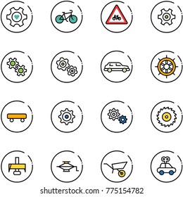 line vector icon set - heart gear vector, bike, road for moto sign, gears, limousine, hand wheel, skateboard, saw disk, milling cutter, jack, wheelbarrow, car toy