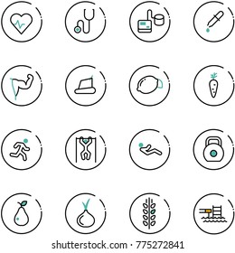 line vector icon set - heart pulse vector, stethoscope, tonometer, pipette, power hand, treadmill, lemon, carrot, run, pull ups, abdominal muscles, weight, pear, onion, spica, pool