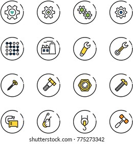 line vector icon set - heart gear vector, circuit, plant, wrench, screw, bolt, nut, machine tool, winch, toy hammer