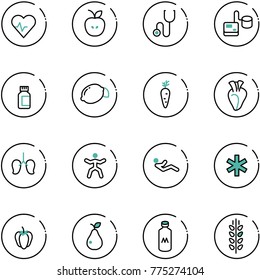 line vector icon set - heart pulse vector, apple, stethoscope, tonometer, pills bottle, lemon, carrot, lungs, gymnastics, abdominal muscles, ambulance star, sweet pepper, pear, milk, spica