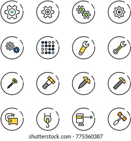 line vector icon set - heart gear vector, circuit, wrench, screw, bolt, machine tool, winch, laser lever, toy hammer