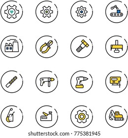 line vector icon set - heart gear vector, conveyor, plant, side cutters, bolt, milling cutter, drill, machine, jig saw, winch, stapler, excavator toy