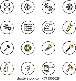 line vector icon set - heart gear vector, circuit, plant, wrench, screw, nut, wood drill, winch, laser lever, toy hammer