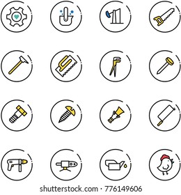 line vector icon set - heart gear vector, casting of steel, oil derrick, saw, mason hammer, trowel, plumber, nail, bolt, screw, dowel, metal hacksaw, drill machine, pipe welding, oiler, chicken toy