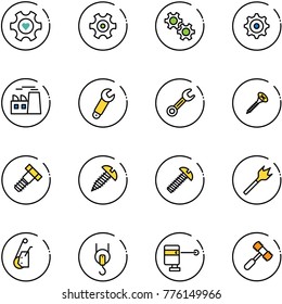 line vector icon set - heart gear vector, plant, wrench, screw, bolt, wood drill, winch, laser lever, toy hammer