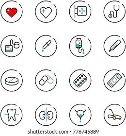 line vector icon set - heart vector, first aid room, stethoscope, tonometer, pipette, drop counter, thermometer, pill, pills, blister, medical patch, tooth, kidneys, bladder, lawn mower