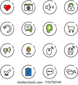 line vector icon set - heart vector, browser globe, volume off, unlocked, undo, chat, head bulb, cart, megaphone, microphone, mouse wireless, remote control, check, battery, oiler