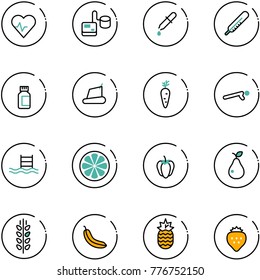 line vector icon set - heart pulse vector, tonometer, pipette, thermometer, pills bottle, treadmill, carrot, push ups, pool, lemon slice, sweet pepper, pear, spica, banana, pineapple, strawberry