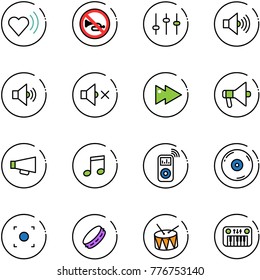 line vector icon set - heart beat vector, no horn road sign, settings, volume max, medium, off, fast forward, loudspeaker, music, player, cd, record button, tambourine, drum, toy piano