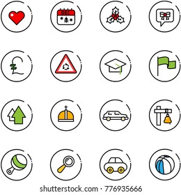 line vector icon set - heart vector, christmas calendar, holly, bow message, pound, round motion road sign, graduate hat, flag, arrow up, crown, limousine, ship bell, beanbag, car, basketball