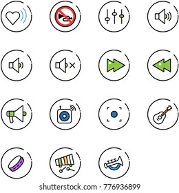 line vector icon set - heart beat vector, no horn road sign, settings, volume medium, low, off, fast forward, backward, loudspeaker, wireless speaker, record button, guitar, tambourine, xylophone