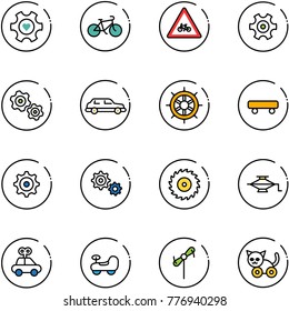 line vector icon set - heart gear vector, bike, road for moto sign, gears, limousine, hand wheel, skateboard, saw disk, jack, car toy, baby, windmill, cat