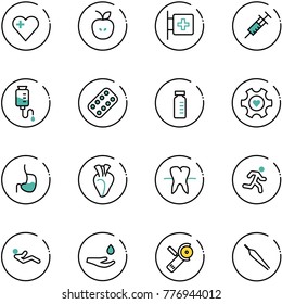line vector icon set - heart vector, apple, first aid room, syringe, drop counter, pills blister, vial, gear, stomach, tooth, run, abdominal muscles, hand, Angular grinder, forceps