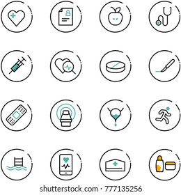 line vector icon set - heart vector, patient card, apple, stethoscope, syringe, diagnosis, pill, scalpel, medical patch, mri, bladder, run, pool, mobile monitor, doctor hat, uv cream
