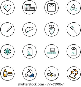 line vector icon set - heart vector, hospital building, floor scales, pills, scalpel, liver, tooth brush, ambulance star, bottle, pool, pulse clipboard, uv cream, recycling, lawn mower, teethers