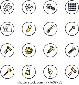 line vector icon set - heart gear vector, circuit, plant, wrench, screw, bolt, nut, wood drill, winch, toy hammer
