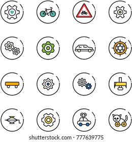 line vector icon set - heart gear vector, bike, road for moto sign, gears, limousine, hand wheel, skateboard, milling cutter, jack, car toy, cat