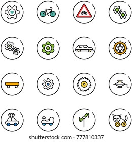 line vector icon set - heart gear vector, bike, road for moto sign, gears, limousine, hand wheel, skateboard, saw disk, jack, car toy, baby, windmill, cat