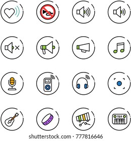 line vector icon set - heart beat vector, no horn road sign, volume max, medium, off, loudspeaker, music, microphone, player, wireless headphones, record button, guitar, tambourine, xylophone