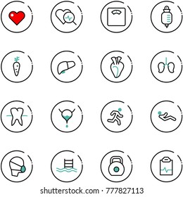 line vector icon set - heart vector, diagnosis, floor scales, drop counter, carrot, liver, lungs, tooth, bladder, run, abdominal muscles, medical mask, pool, weight, pulse clipboard