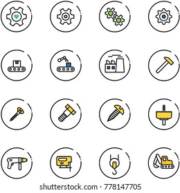 line vector icon set - heart gear vector, conveyor, plant, hammer, screw, bolt, crown drill, machine, jig saw, winch, excavator toy