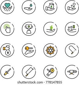 line vector icon set - heart care vector, drop hand, investment, cash pay, cursor, cup, sproute, growth, rich, key, wheel, fretsaw, clinch, metal hacksaw, Angular grinder, pipe welding