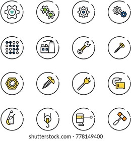 line vector icon set - heart gear vector, circuit, plant, wrench, screw, nut, wood drill, machine tool, winch, laser lever, toy hammer