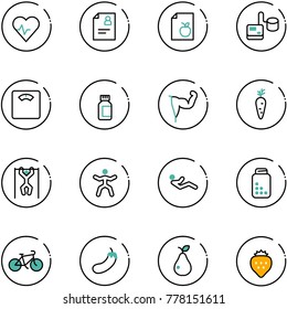 line vector icon set - heart pulse vector, patient card, diet list, tonometer, floor scales, pills bottle, power hand, carrot, pull ups, gymnastics, abdominal muscles, bike, eggplant, pear