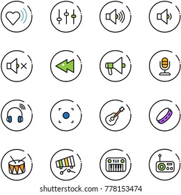 line vector icon set - heart beat vector, settings, volume max, low, off, fast backward, loudspeaker, microphone, wireless headphones, record button, guitar, tambourine, drum, xylophone, toy piano