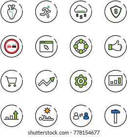 line vector icon set - heart vector, run, money rain, safe, no overtake road sign, cursor browser, friends, like, cart, growth arrow, gear, statistics, reading, information exchange, hammer