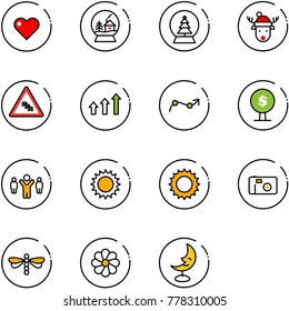 line vector icon set - heart vector, snowball house, tree, christmas deer hat, multi lane traffic road sign, arrows up, chart point arrow, money, team leader, sun, photo, dragonfly, flower