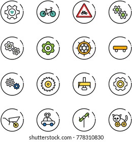 line vector icon set - heart gear vector, bike, road for moto sign, gears, hand wheel, skateboard, saw disk, milling cutter, wheelbarrow, car toy, windmill, cat