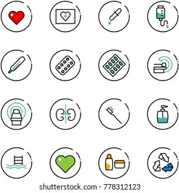 line vector icon set - heart vector, first aid kit, pipette, drop counter, thermometer, pills blister, mri, kidneys, tooth brush, liquid soap, pool, uv cream, recycling