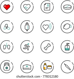 line vector icon set - heart vector, pulse, patient card, pill, pills, drop counter, beat, lemon, lungs, run, broken bone, liquid soap, weight, doctor hat, uv cream, forceps