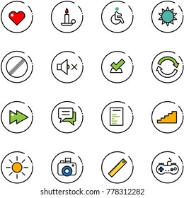 line vector icon set - heart vector, candle, disabled, sun, no limit road sign, volume off, check, refresh, fast forward, chat, document, stairs, camera, ruler, gamepad