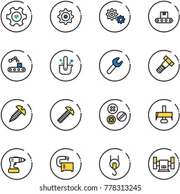 line vector icon set - heart gear vector, conveyor, casting of steel, wrench, bolt, screw, rivet, milling cutter, drill, machine tool, winch, sharpening