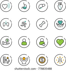 line vector icon set - heart beat vector, stomach, liver, lungs, run, broken bone, care, investment, user, login, opportunity, success, dollar, star man