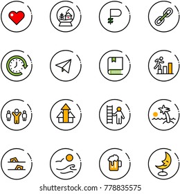 line vector icon set - heart vector, snowball house, ruble, link, clock around, paper fly, book, career, team leader, arrows up, opportunity, palm, flip flops, waves, beer, moon lamp