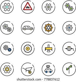 line vector icon set - heart gear vector, road for moto sign, gears, limousine, hand wheel, saw disk, milling cutter, jack, wheelbarrow, car toy, windmill