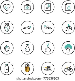 line vector icon set - heart pulse vector, doctor bag, patient card, diet list, push ups, abdominal muscles, banana, sweet pepper, pear, onion, broccoli, milk, pineapple, pool, bike