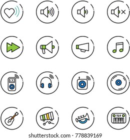 line vector icon set - heart beat vector, volume max, low, off, fast forward, loudspeaker, music, player, wireless headphones, speaker, cd, guitar, xylophone, horn toy, piano
