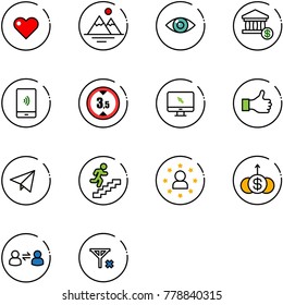 line vector icon set - heart vector, mountains, eye, account, mobile payment, limited height road sign, monitor cursor, like, paper fly, career, star man, dollar growth, information exchange