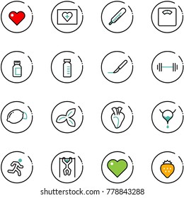 line vector icon set - heart vector, first aid kit, thermometer, floor scales, pills bottle, vial, scalpel, barbell, lemon, three leafs, bladder, run, pull ups, strawberry