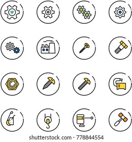 line vector icon set - heart gear vector, plant, screw, bolt, nut, machine tool, winch, laser lever, toy hammer
