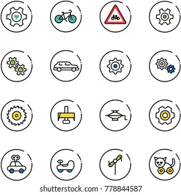 line vector icon set - heart gear vector, bike, road for moto sign, limousine, saw disk, milling cutter, jack, car toy, baby, windmill, cat