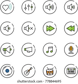 line vector icon set - heart beat vector, settings, volume max, medium, low, off, fast forward, backward, loudspeaker, music, microphone, cd, guitar, drum, toy piano