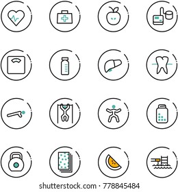 line vector icon set - heart pulse vector, doctor bag, apple, tonometer, floor scales, vial, liver, tooth, push ups, pull, gymnastics, pills bottle, weight, breads, watermelone, pool