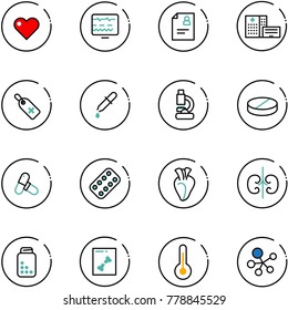 line vector icon set - heart vector, diagnostic monitor, patient card, hospital building, medical label, pipette, lab, pill, pills, blister, kidneys, bottle, x ray, thermometer, molecule