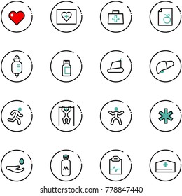 line vector icon set - heart vector, first aid kit, doctor bag, diet list, drop counter, pills bottle, treadmill, liver, run, pull ups, gymnastics, ambulance star, hand, milk, pulse clipboard, hat